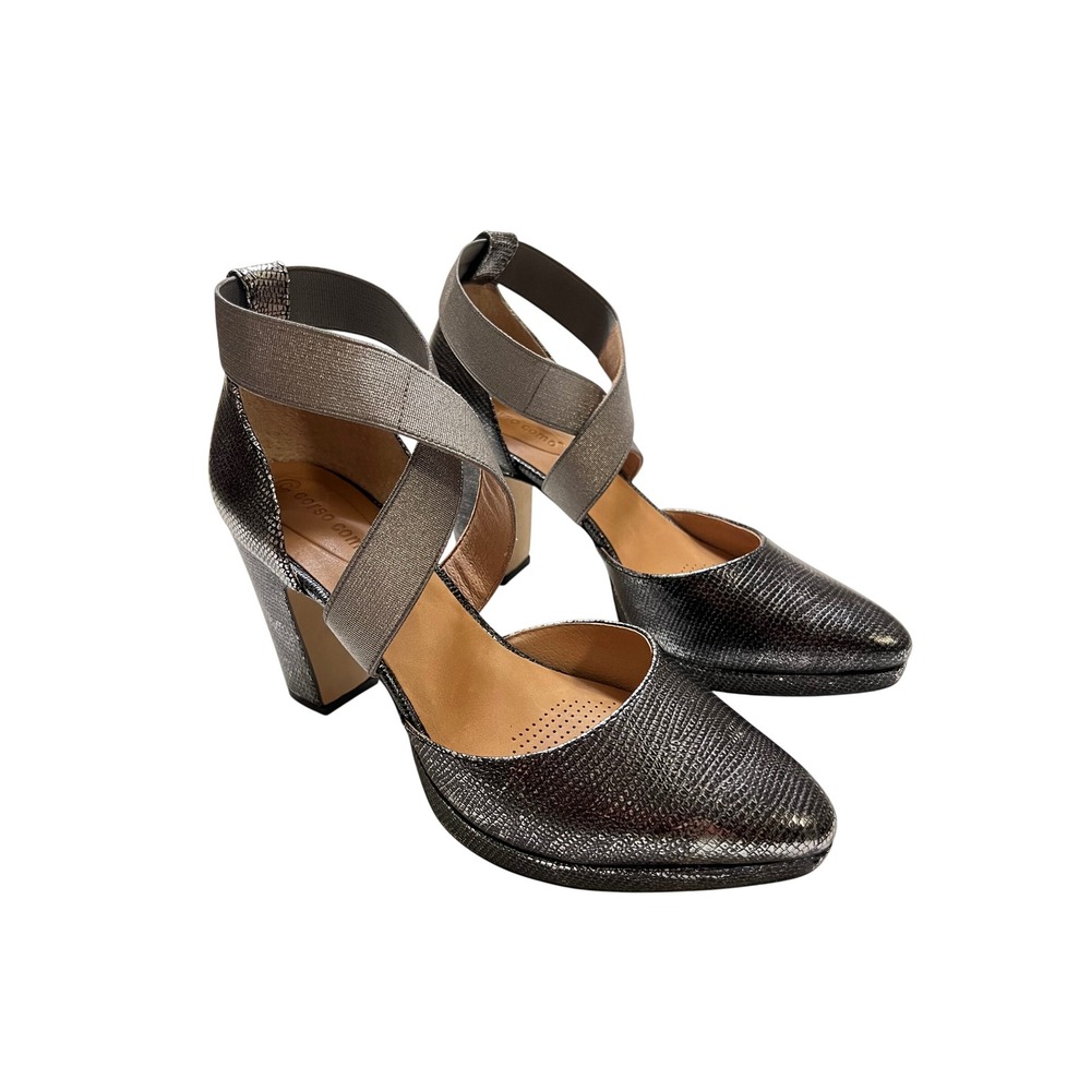 Corso Como Metallic Pewter Block Heel Crisscross Ankle Strap Pumps Size 7.5M